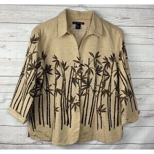 Saint Tropez West Button Front Woman Jacket Tan/Brown‎ bamboo print 100% silk